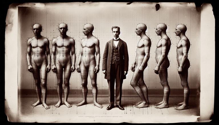 Tirage photographique gélatno-bromure représentant une fiche anthropométrique d'un homme, corps (profil et face)
